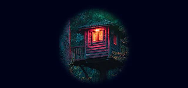 A small wooden treehouse with a glowing window, hidden among trees in a forest at dusk.
