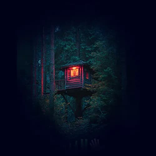 A small wooden treehouse with a glowing window, hidden among trees in a forest at dusk.