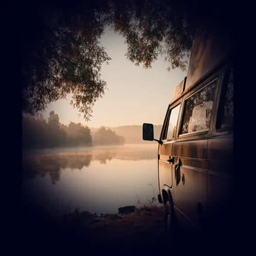 A parked van beside a calm lake at sunrise, viewed from the side with trees reflected in the water.