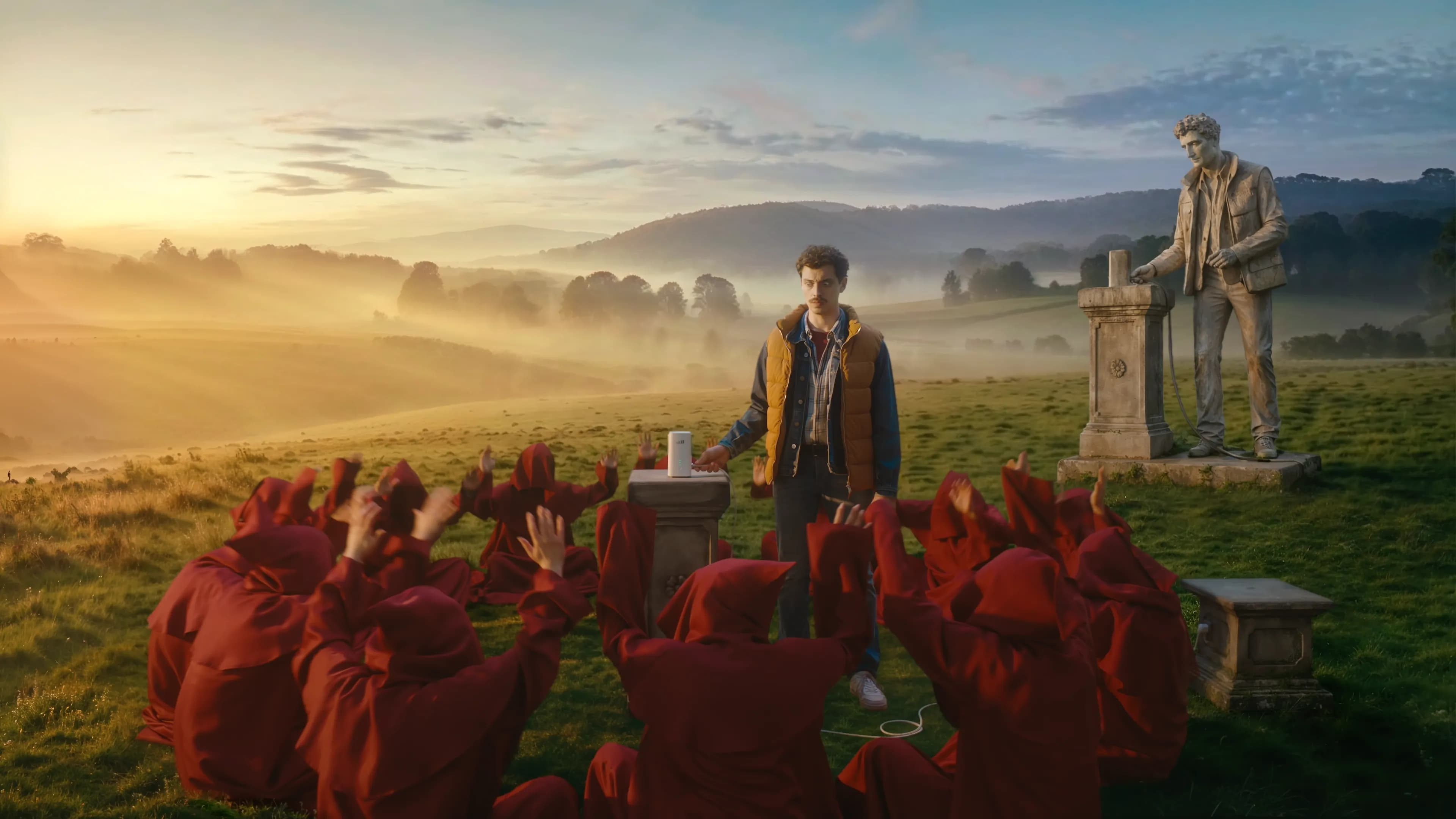 The image shows the main character with a TADAAM modem standing in a field, being worshipped by a religious cult as the bringer of Fixed Wireless Access internet