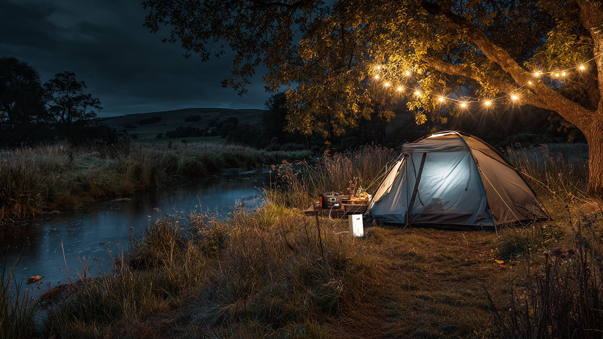 Tent glowing at night by a river, with string lights in a tree and a TADAAM modem set up outside — internet wherever you camp.