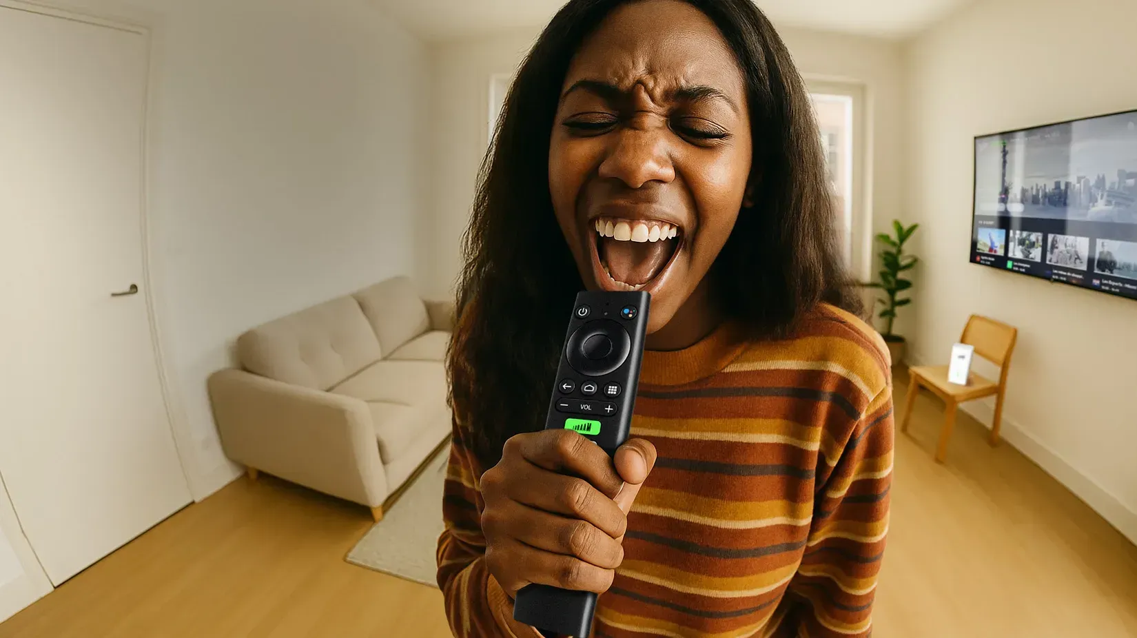 Girl shouting into a TADAAM TV remote.